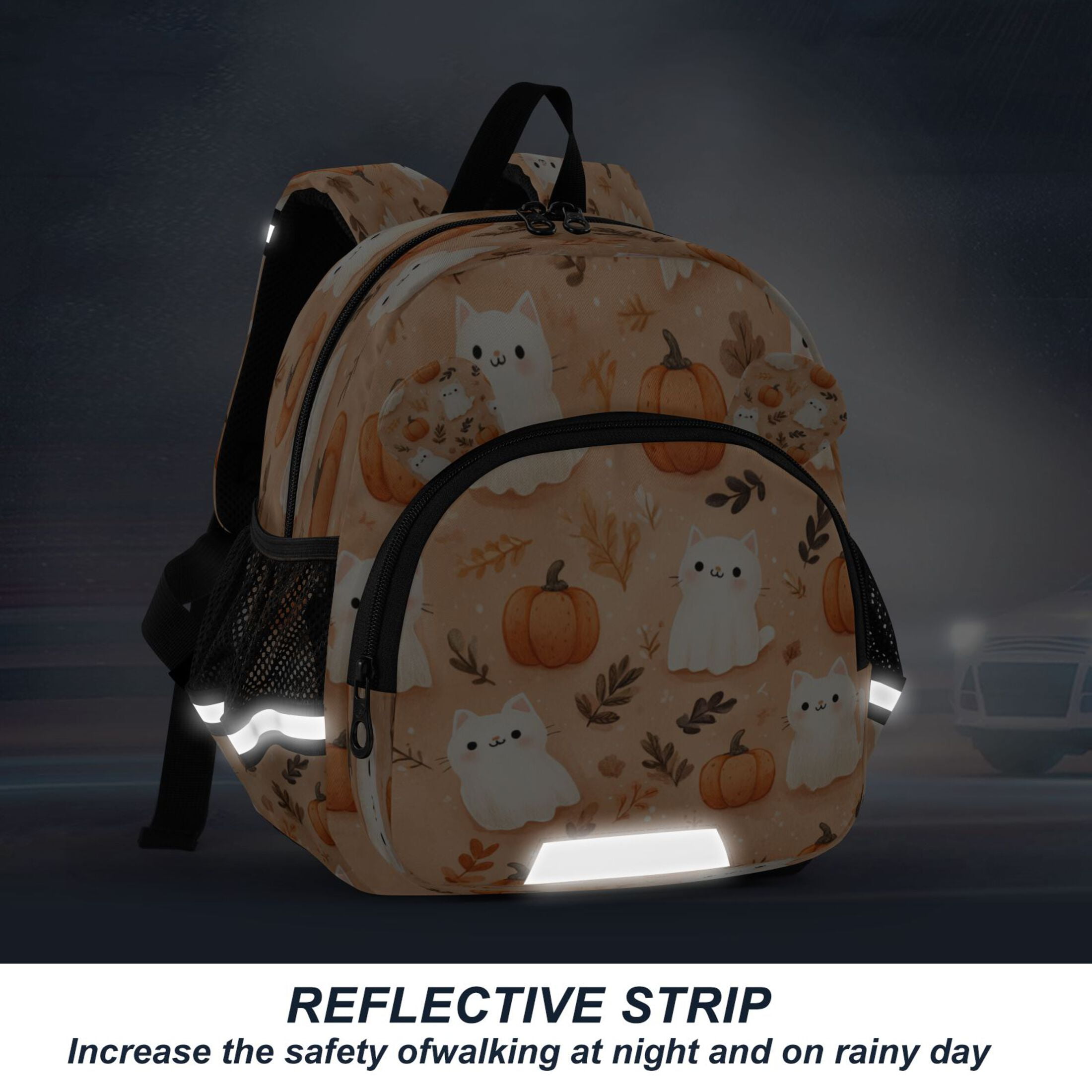 RMDQTR Adorable Ear-Print Backpack with Reflective Strip and Anti-Lost Leash Adjustable Shoulder Straps Mini Travel Backpack Ghost White Cats