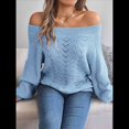 thumbnail image 4 of Tops de Crochet para Mujer, Suéteres con Hombros Descubiertos, Ropa de Playa de Punto Calado de Larga de Verano Azul M, 4 of 10