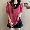 thumbnail image 2 of Tops de manga corta de dos piezas falsos de talla grande para mujer, camisetas holgadas con letras en contraste, ropa informal de verano nueva, 2 of 5