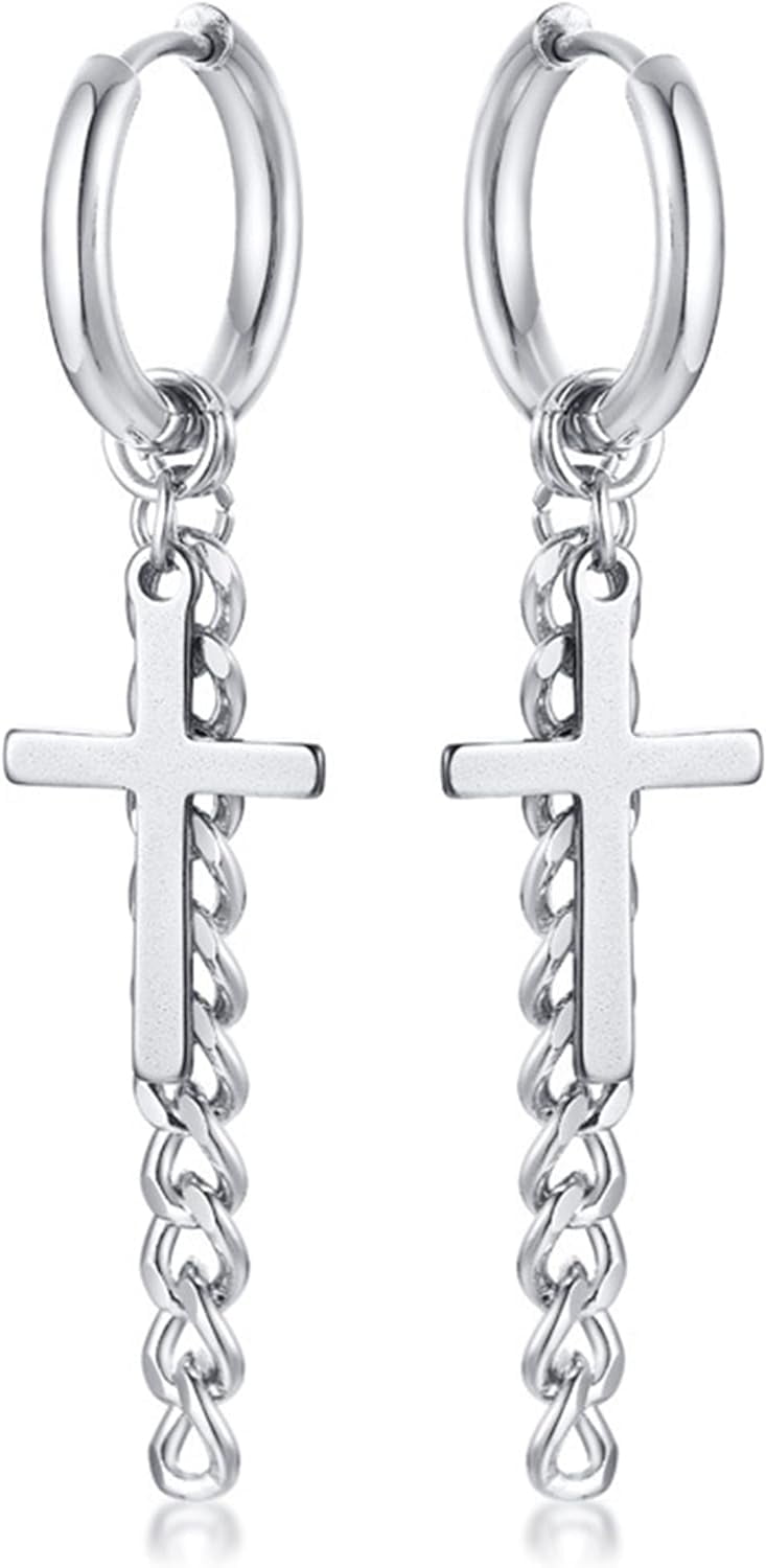 HAHDAXIA Cross Earrings for Men Long Chain Hoop Huggie HAHDAXIA Cross Earrings for Men Long Chain Hoop Huggie