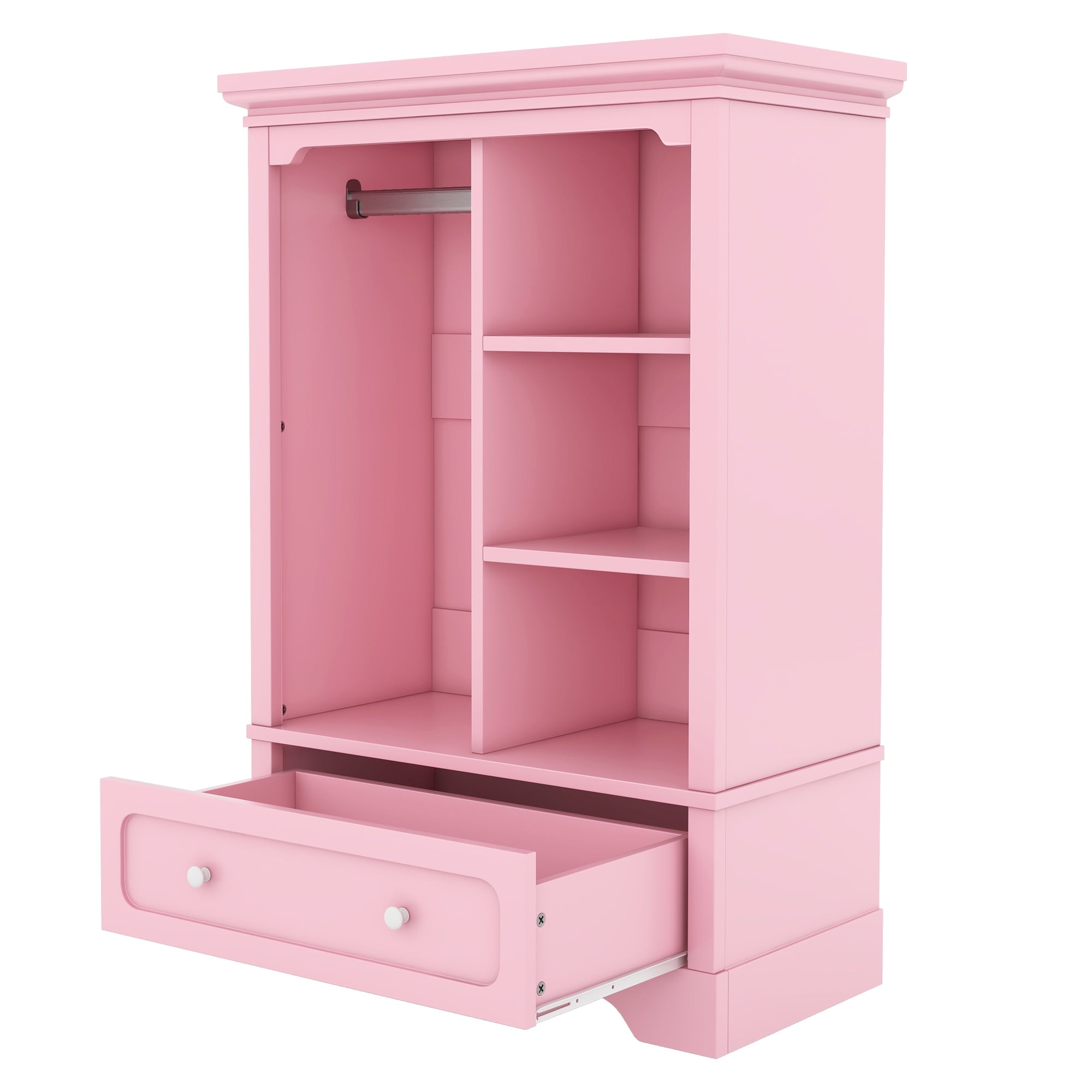 Yoneston Kids Dress Up Storage with Large Drawers and Open Shelves, Children's Wardrobe Opening Hanging Costume Closet Easy Access, Pink