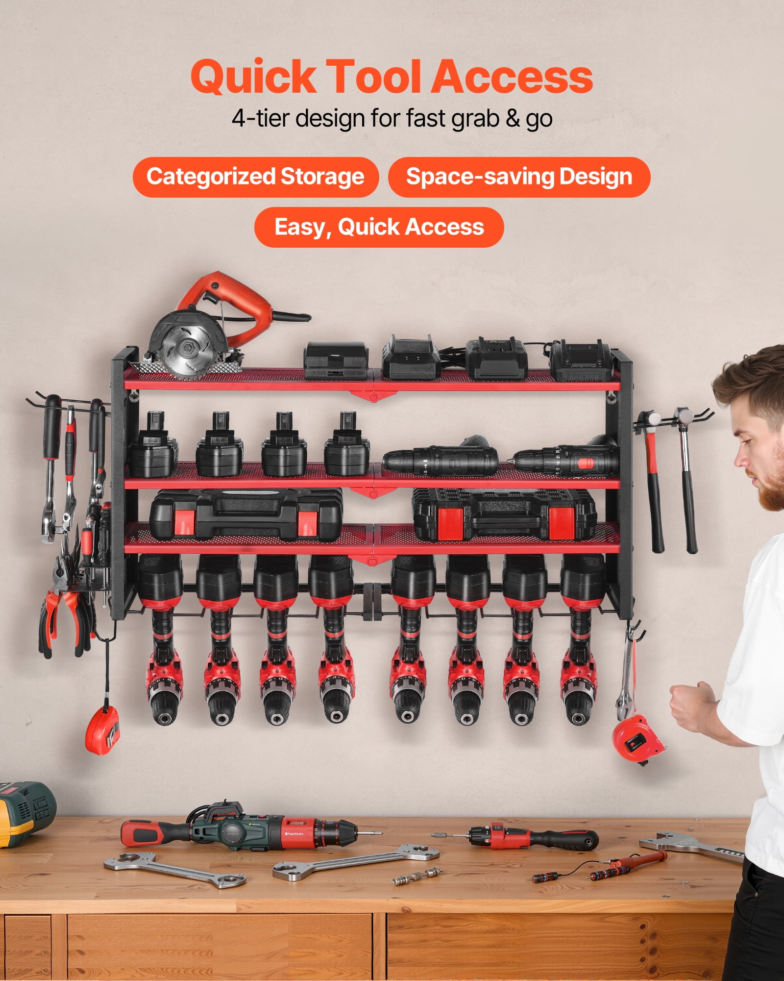 VEVOR Power Tool Organizer Wall Mount, 4-Layer Storage Rack with 8 Drill Holders, Tools Holder and Storage Rack with Side Pegboards, Garage Tool Organizer for Garage, Workbench, and Workshop