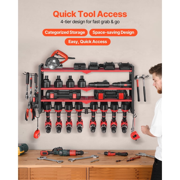 VEVOR Power Tool Organizer Wall Mount, 4-Layer Storage Rack With 8 Drill Holders Tools Holder And Storage Rack With Side Pegboards Red Black
