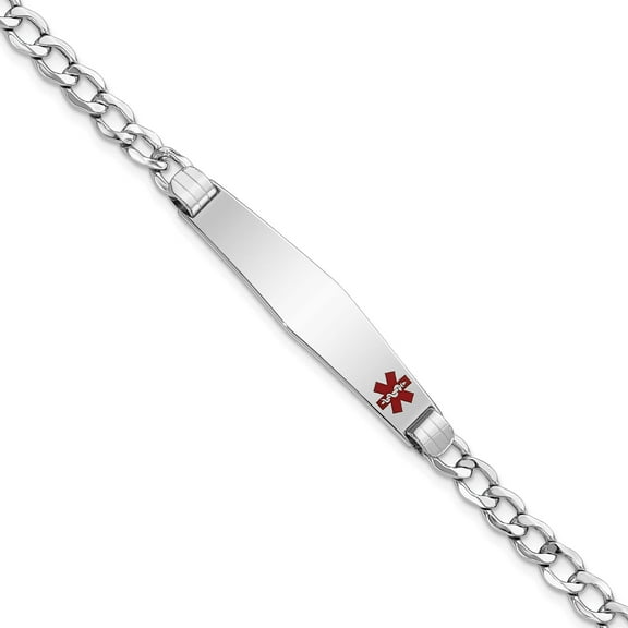 14K White Gold Wg Semi-Solid Medical Soft Diamond Shape Red Enamel Cuban Id Bracelet (8 X 8.8) Made In United States xm593fcw-8