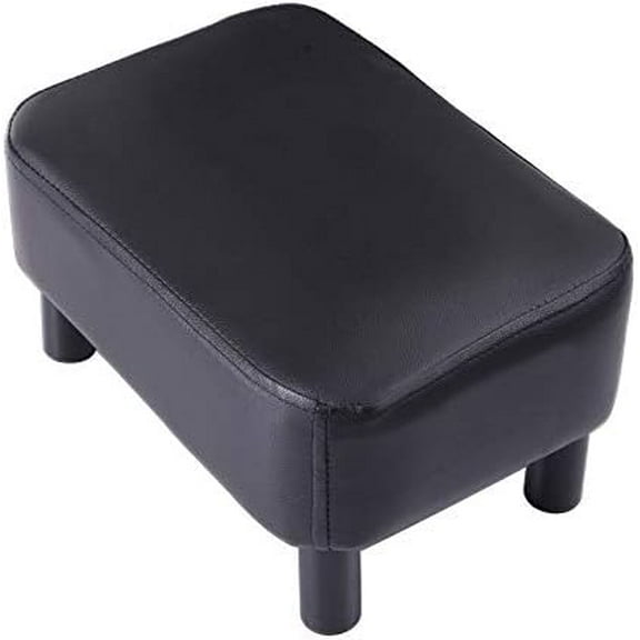 16.54" Small Footstool, PU Faux Leather Step Stool, with Padded Seat Pine Wood Legs and Padded Rectangular Stool, for Bedroom, Black RF-BD210