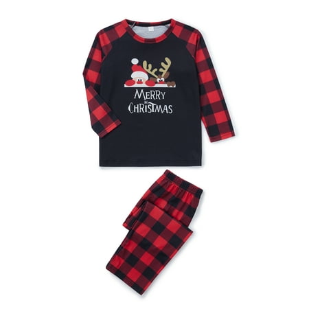 

Pudcoco Christmas Family Matching Pajamas Set Long Sleeve Letters Print T-shirt with Plaid Pants