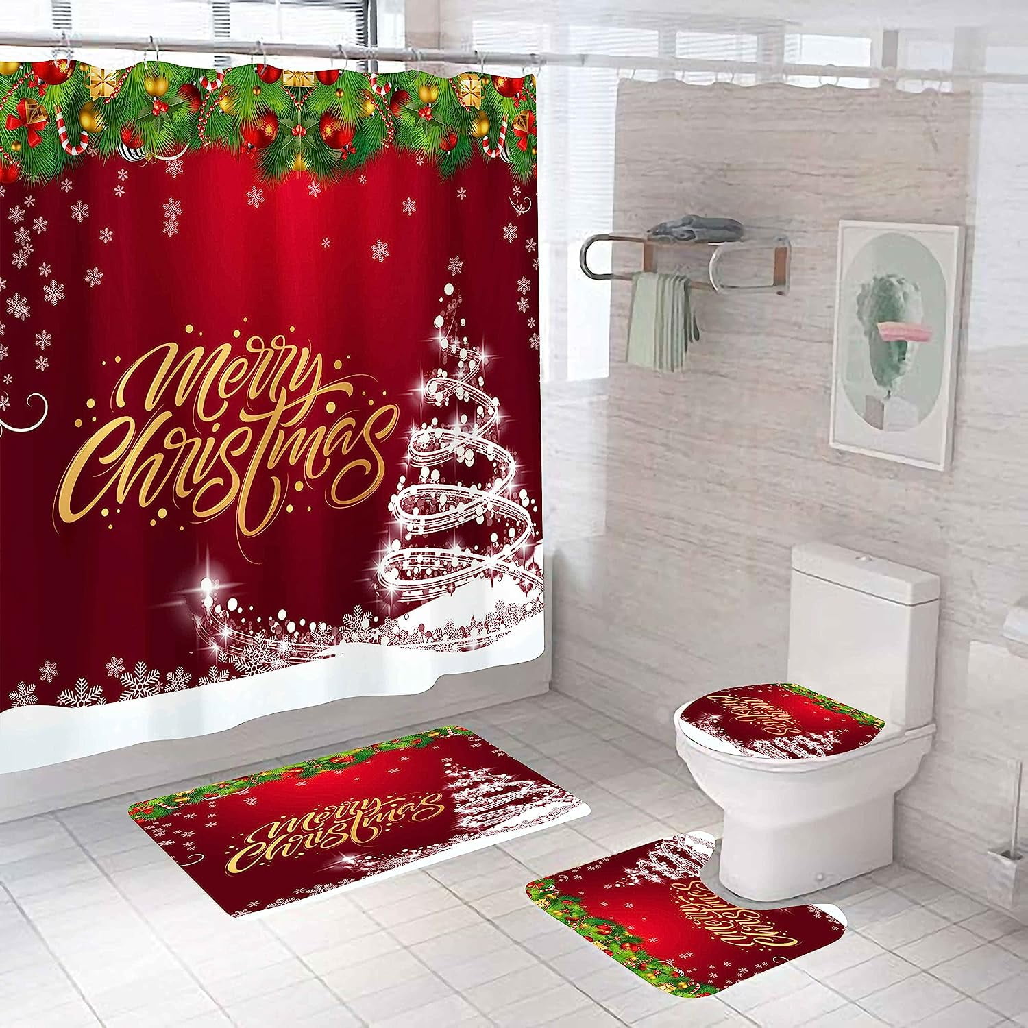 4 Pcs Christmas Shower Curtain Set With NonSlip Rug, IsEasy Xmas