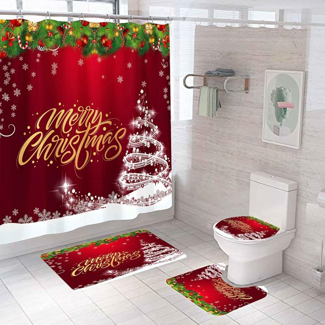 4 Pcs Christmas Shower Curtain Set With NonSlip Rug, IsEasy Xmas