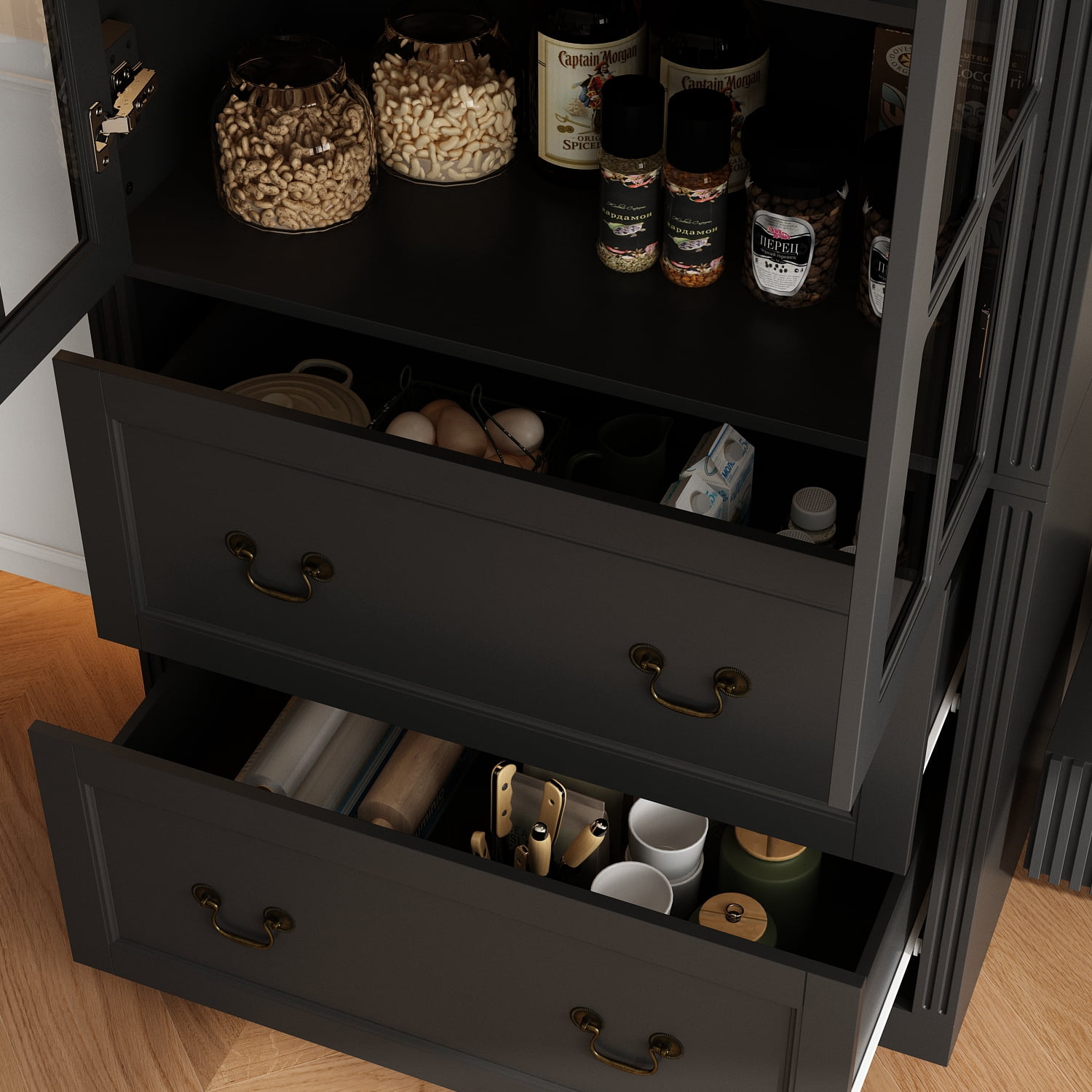 KULAGAGA Pantry Cabinet Kitchen Storage Cabinet with 2 Drawers & Glass Doors, Adjustable Shelves, Pantry and Kitchen Storage Black 15.7" D x 31.5”W x 78.7”H