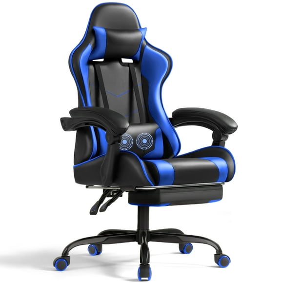 Homall PU Chaise de Jeu en Cuir avec Repose-Pieds & Soutien Lombaire Massage Ergonomique Gamer Chaise Hauteur Réglable Chaise d'Ordinateur, Bleu