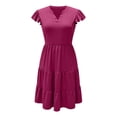 thumbnail image 4 of Women's Casual Summer Midi Dress V Neck Ruffle Short Sleeve Tiered A-Line Swing Dress Functional Pockets Lightweight Boho Sun Dress Daily Wear, 4 of 4