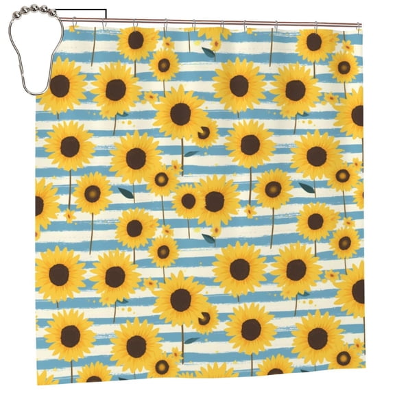 Rateoe Blue White Striped Sunflower A Shower Curtain - Fancy Bathroom Shower Curtain Sets - Waterproof Shower Curtain with Hooks with 12 Plastic Hooks 72x72 Inches