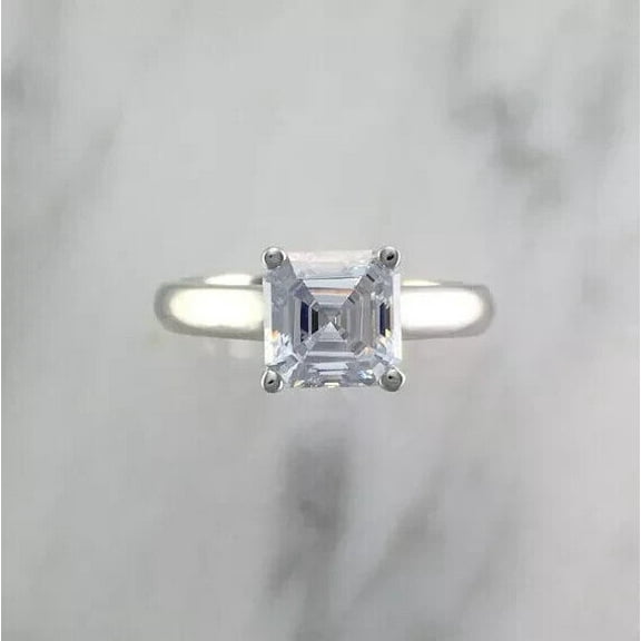 1Ct Lab Created Diamond Asscher Cut Solitaire Engagement Ring 14K White Gold Plated