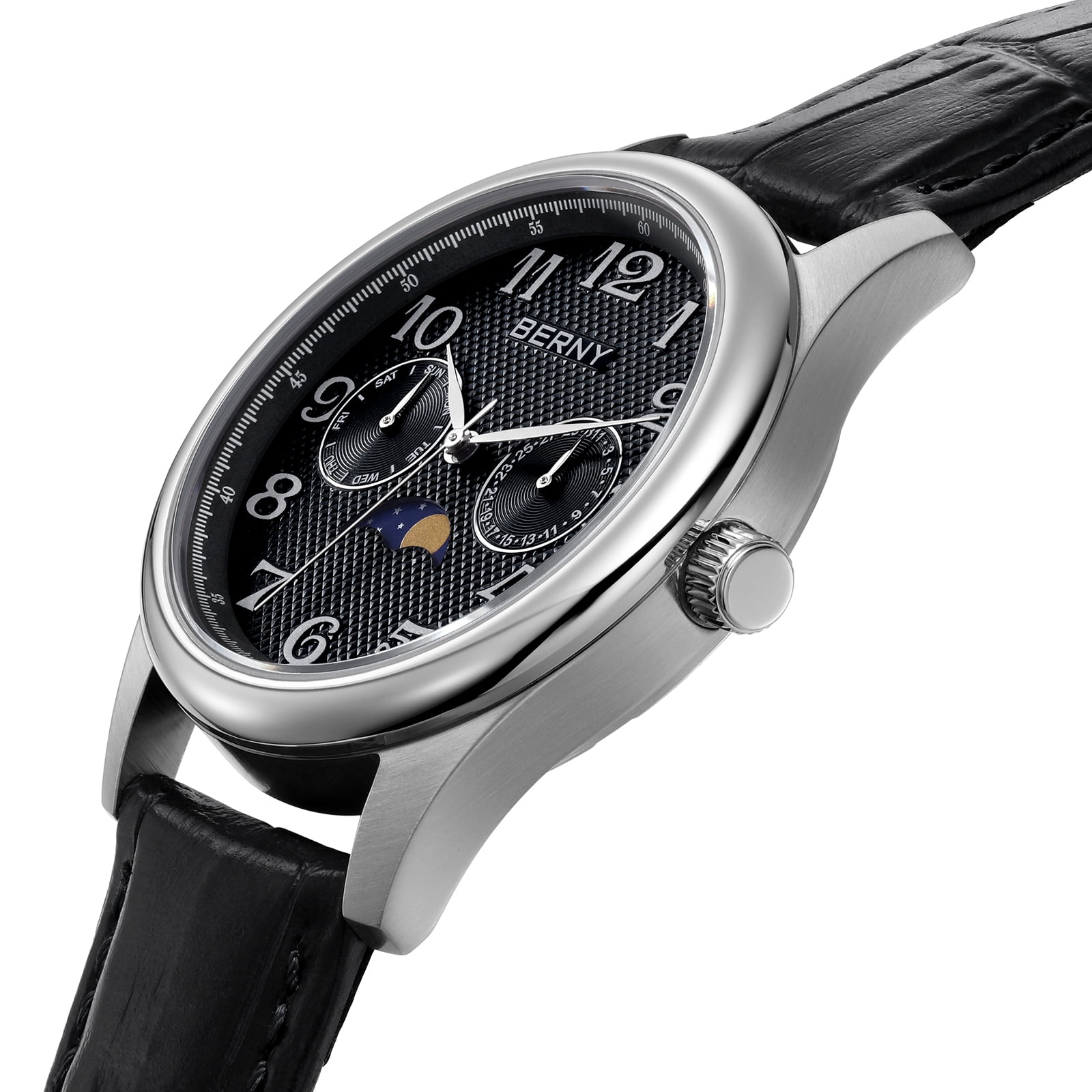BERNY Dress Watches for Men, MultiFunction Leather Watch with Moon Phase, Day & Date Calendar, Stainless Steel Case, Easy to Read, Waterproof, Classic Analog Quartz Wrist Watch (Black)