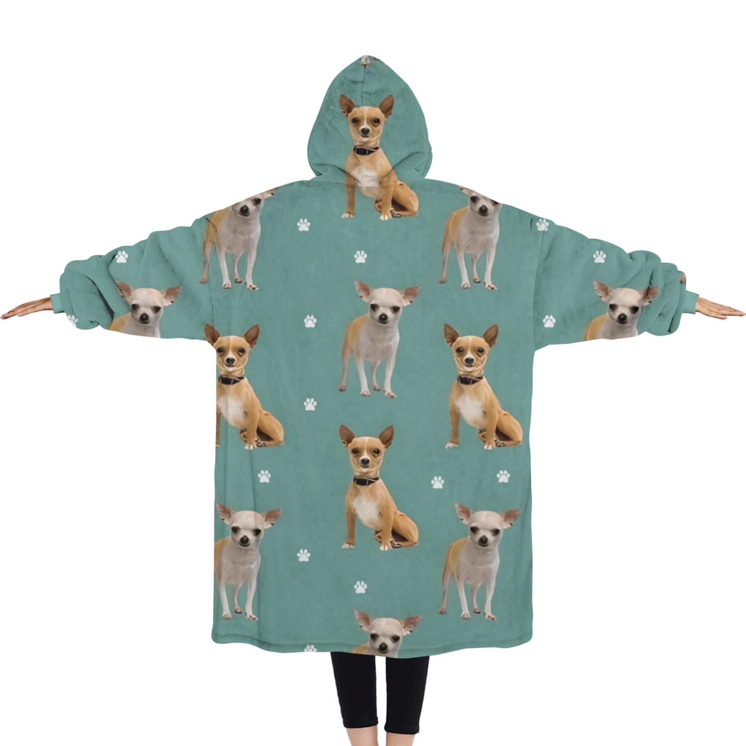 Oversized Wearable Blanket Hoodie,Chihuahua and Footprints Sherpa Blanket Hoodie with Super Pockets,Super Warm Fuzzy Pullover for Women & Men