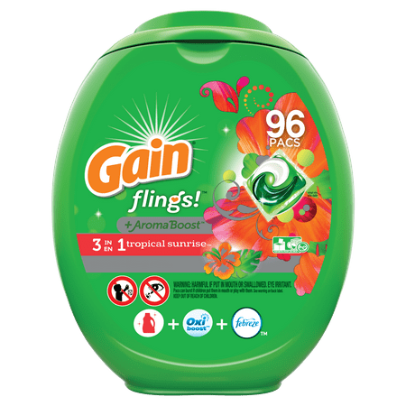 Gain flings! Liquid Laundry Detergent Pacs, Tropical Sunrise, 96