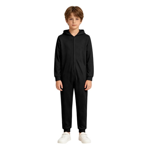 Boys Solid Hooded Onesie for Halloween, Full Zip Plush Jumpsuit with Ribbed
