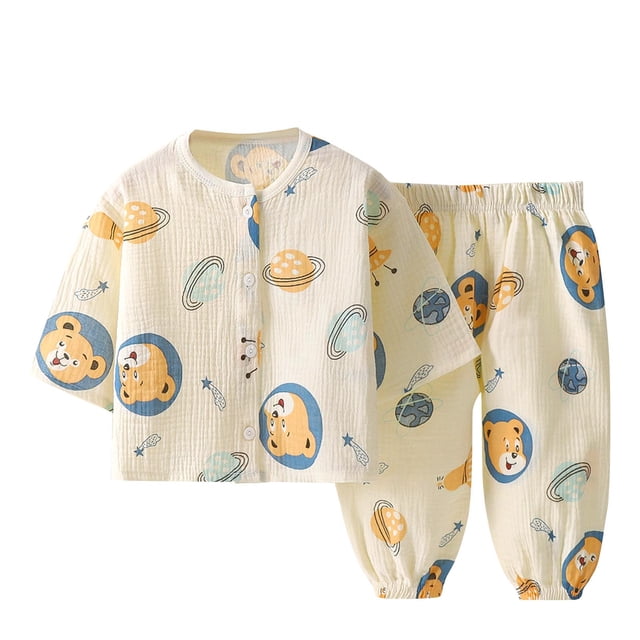 Odeerbi 1-8 Años Niños Niñas Pijamas de Verano de Algodón de Manga Larga Pantalones Suaves Estampados Pijama de Doble Capa de Gasa