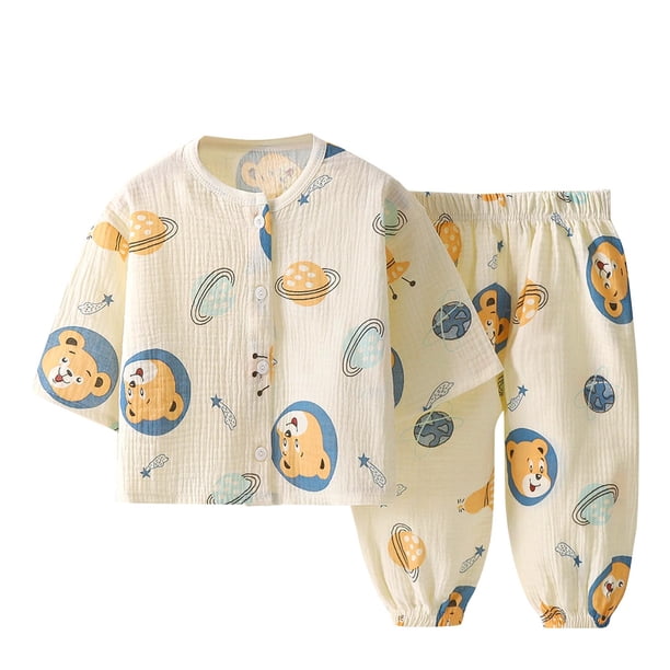 Odeerbi 1-8 Años Niños Niñas Pijamas de Verano de Algodón de Manga Larga Pantalones Suaves Estampados Pijama de Doble Capa de Gasa