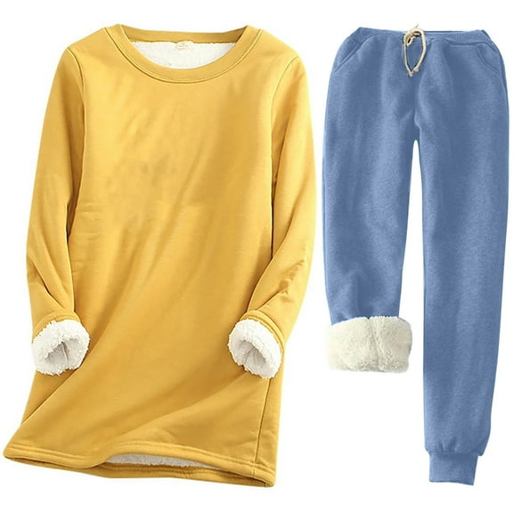 miqiqism Women's Sweatsuit Winter Warm Sherpa Lined Fleece Outfit Casual Crewneck Sweatshirt Pullover Loungewear Tunic Tops Trendy Thickening Sweatpants with Pockets,Blue,4X-Large
