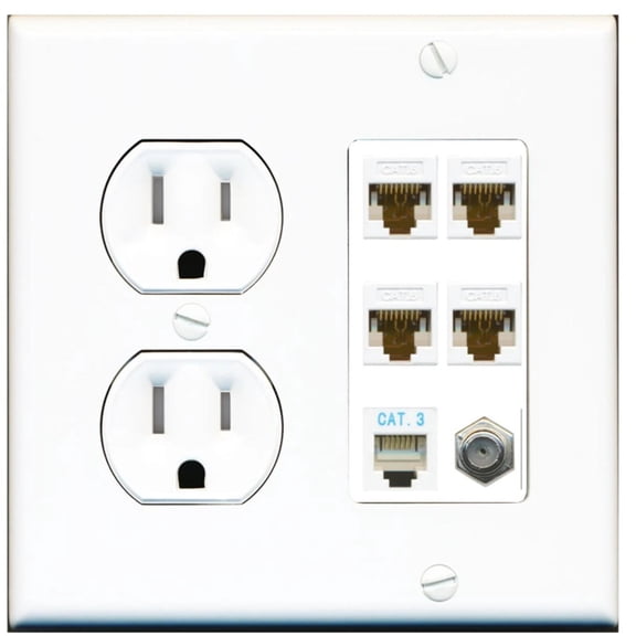 Ultra Spec Cables 4 Port Cat6 Ethernet Coax Phone Wall Plate w/Tamper Resistant Power Outlet