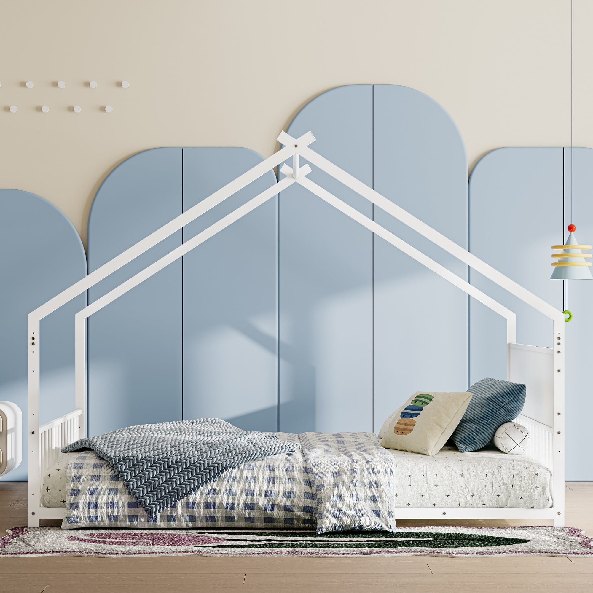 Aukfa Full Size Metal House Bed Frame with LED Lights, Montessori Floor Bed for Kids & Toddlers, Modern Kids Room Furniture, White