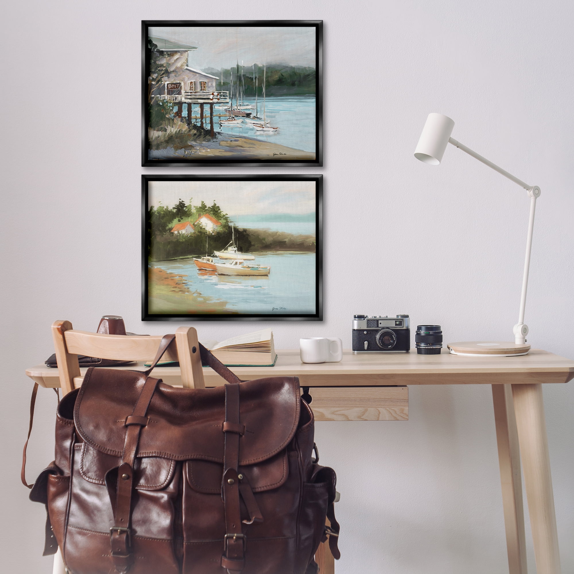 Stupell Industries Boat Lakeshore Landscape Landscape & Nature Painting Black Floater Framed Canvas Art Print Wall Art, 21 x 17, Set of 2