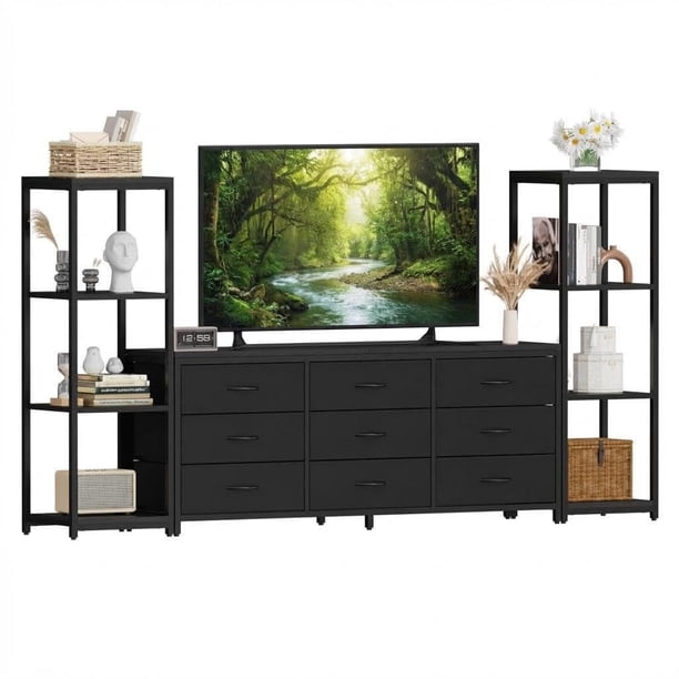 Yeshouse Mueble para TV de 75 pulgadas, centro de entretenimiento con luces LED y tomas de corriente, consola multimedia moderna con 9 cajones y estantes para sala de estar