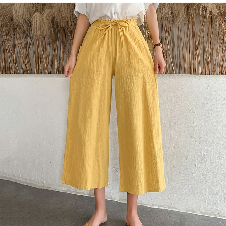 SCUSTY Women's Summer Cotton Linen Wide Leg Pants Drawstring High Waist  Palazzo Flowy Beach Trousers with Pockets(Apricot-XS) at  Women's  Clothing store