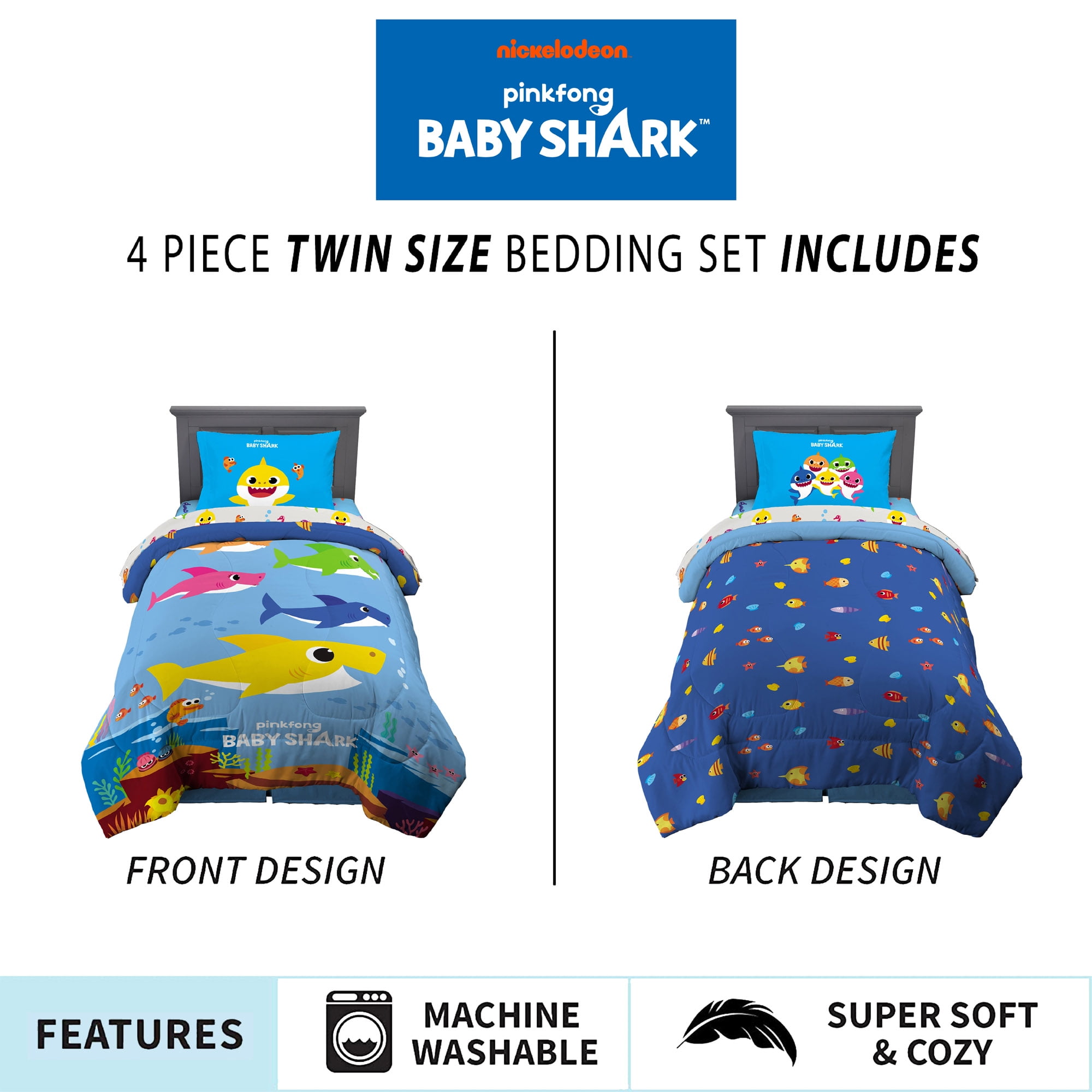 Baby Shark Kids Twin Bed in a Bag, Comforter and Sheets, Blue, Nickelodeon