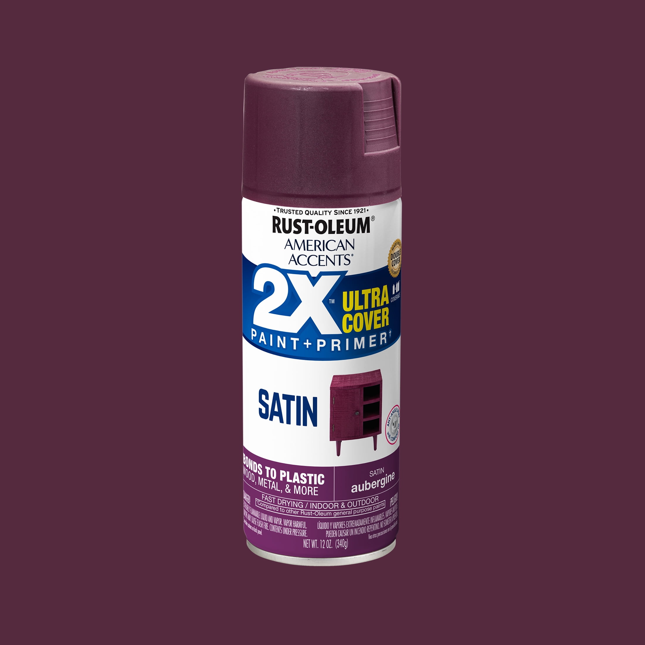 (2 pack) Aubergine, Rust-Oleum American Accents 2X Ultra Cover Satin Spray Paint-376184, 12 oz