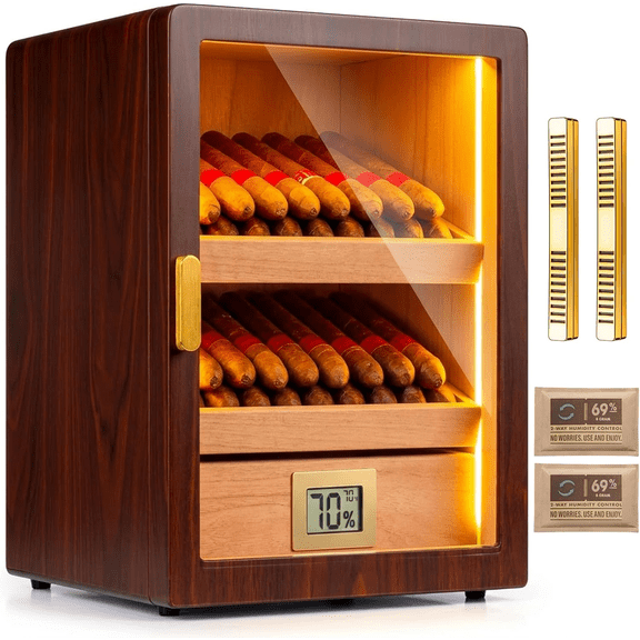 Marvero Cigar Humidor Cabinet with LED Light, Spanish Cedar, Walnut, Humidor for Cigars 80-100, Spanish Cedar Trays and Drawer