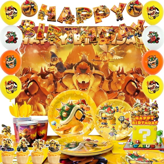 Bowser King Koopa Party Supplies,112pcs Bowser King Koopa Party Decorations & Bowser Tableware set - Bowser King Koopa Plates Banner Cake Toppers Tablecloth etc Birthday Party Supplies for Kids