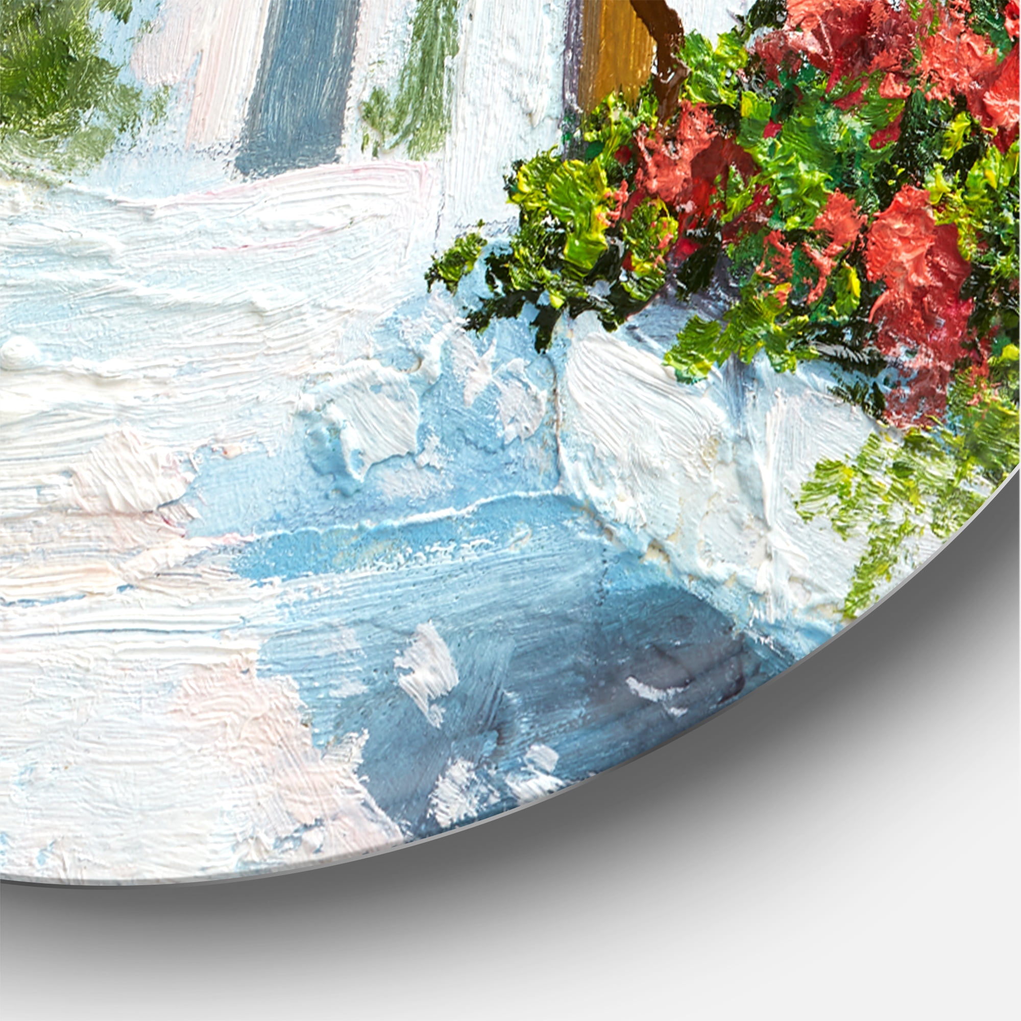 Designart 'Blossoming Flowers With White House Near The Sea' Nautical & Coastal Circle Metal Wall Art 29x29 - Disc of 29