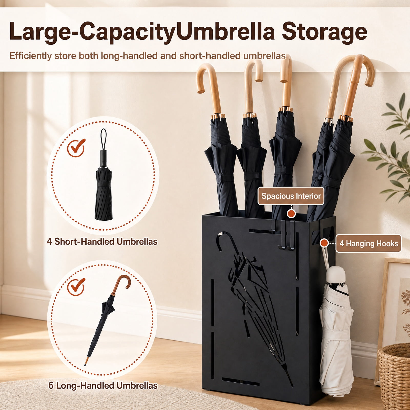 Furnibear Rectangular Umbrella Holder Rack with Removable Drip Tray and 4 Hooks for Entryway Hallway and Home Office Organization, Black