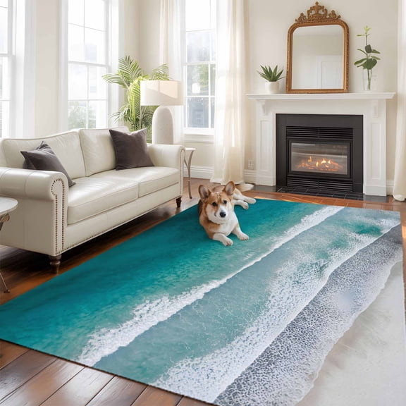 Oceans Waves Large Area Rugs 8x10 ft Beaches Gradient Green Sea Nature Abstract Washable Rug Non Slip Indoor Carpet Absorbent Floor Mat for Living Room Bedroom Dining Room