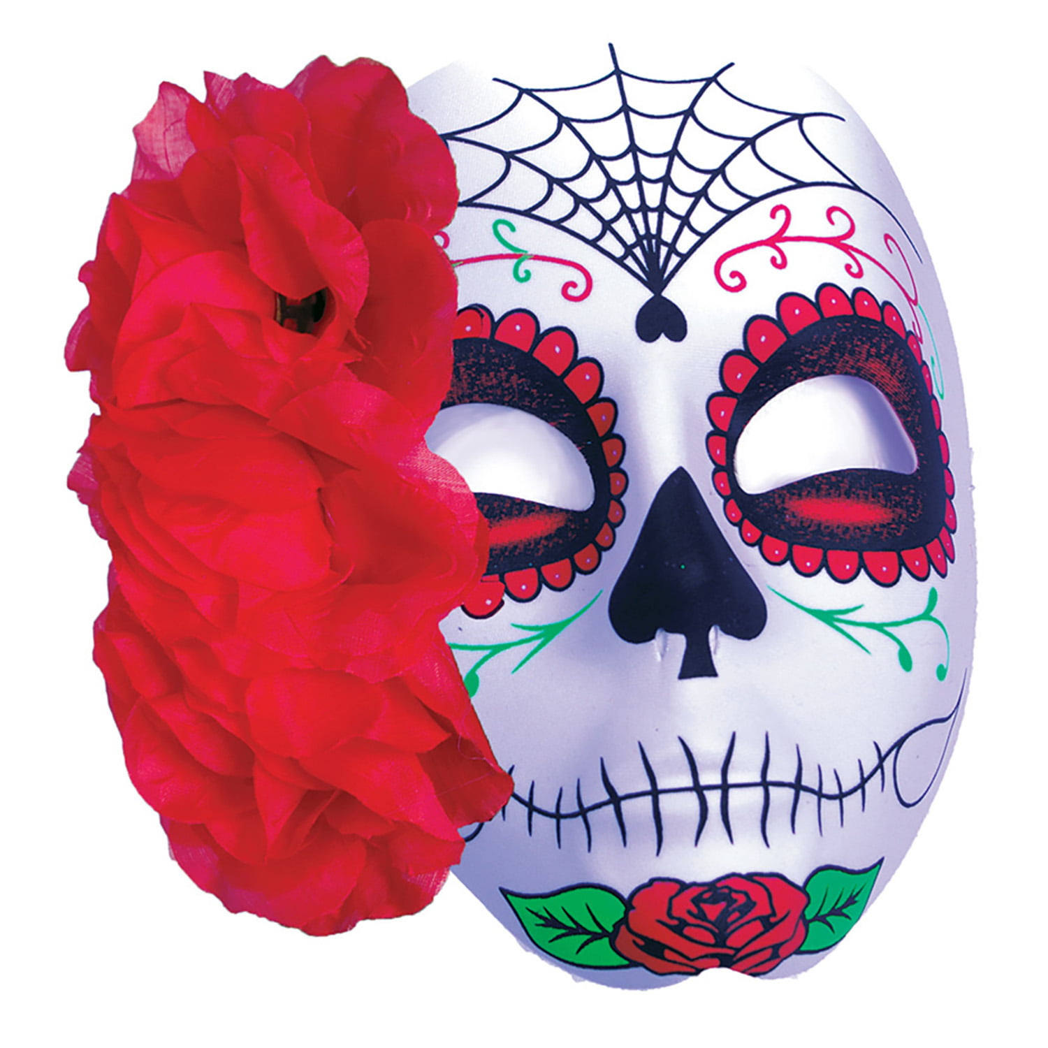 Halloween Day of the Dead Sugar Skull Spider Web Rose Mask, Black Red ...