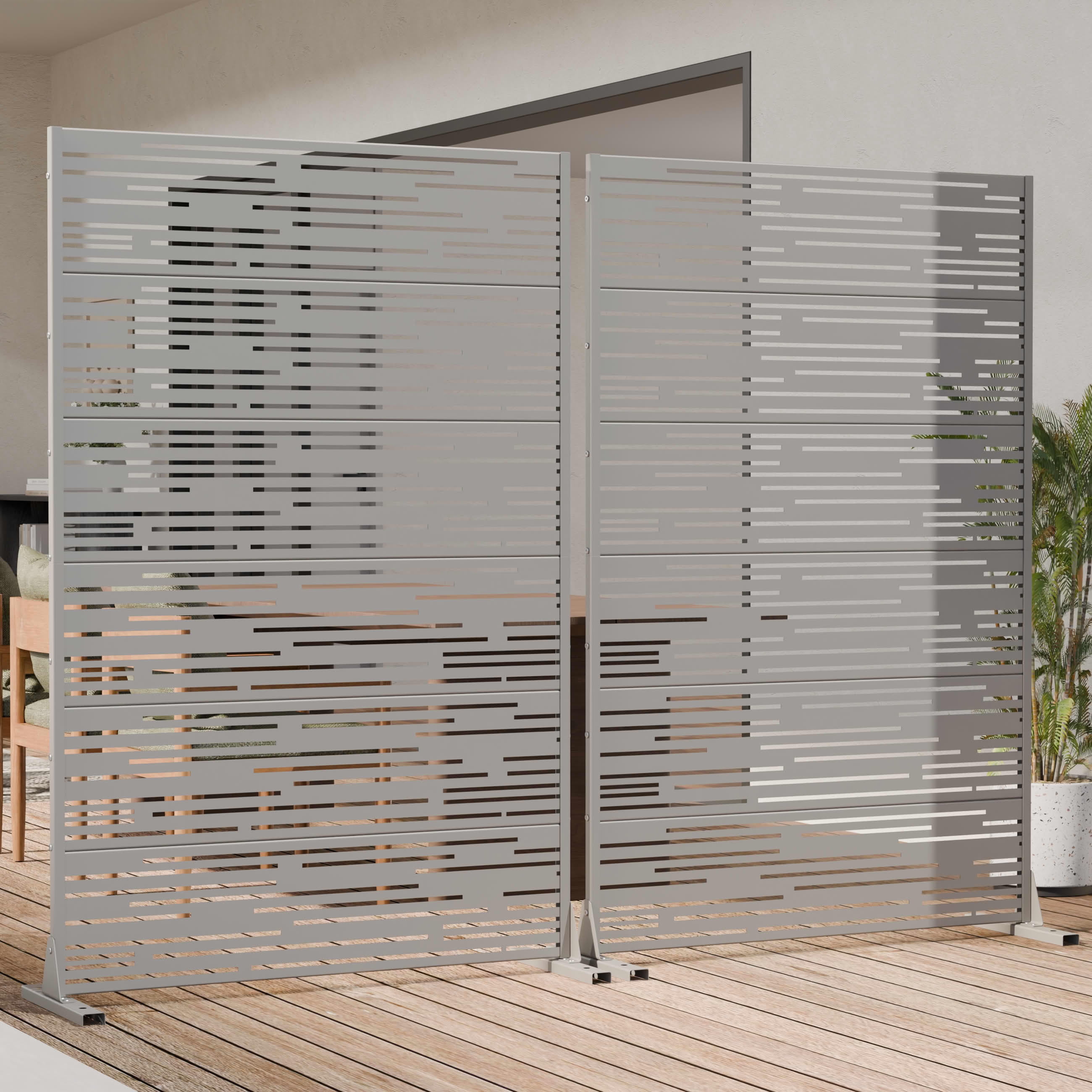 MAYEERTY Outdoor Metal Privacy Screen 6ft × 4ft Gray, 6-Panel Light & Shadow Pattern, Rust-Resistant for Garden
