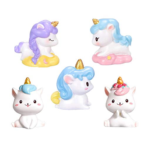 Super Cute Unicorn Cake Topper, 5 Pcs Mini Resin Rainbow Unicorn Toy Figurine Collection Playset for Kids Baby Shower Birthday Party Cake Decoration