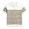 thumbnail image 3 of Men's Knit Horizontal Striped Short Sleeve Open V-Neck Collared Polo Shirt, Casual Slim Fit Top, Breathable Knitwear for Smart Casual Style and Everyday Wear Beige S, 3 of 5