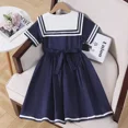 thumbnail image 3 of Vestido de verano de estilo pijo para niñas, nueva longitud de manga, Falda corta con cuello azul marino, ropa de verano para niños, 3 of 4