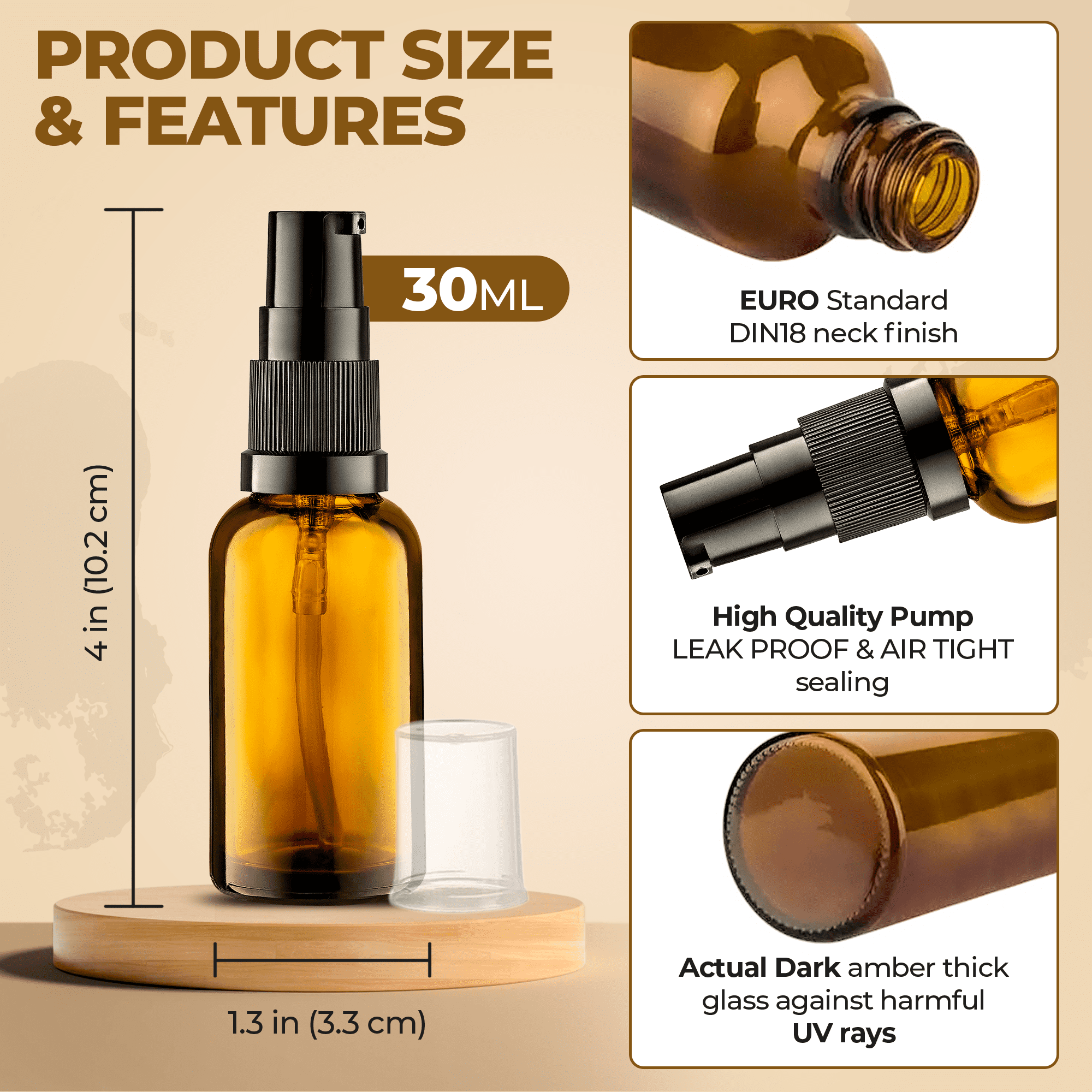 VitalUp 8 Pack Empty Refillable Glass Amber Pump Bottle Ideal for Lotion Cream Essential Oil Travel Small Container, 30ml