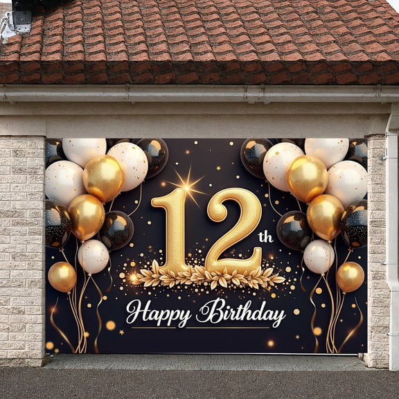 Gold Glitter Design 12th Birthday Banner Black White Gold Theme Display Balloon Arch Decor Sparkling Star Elements Gold Number Backdrop for 12th Birthday Party Teenager Celebration Birthday Photo