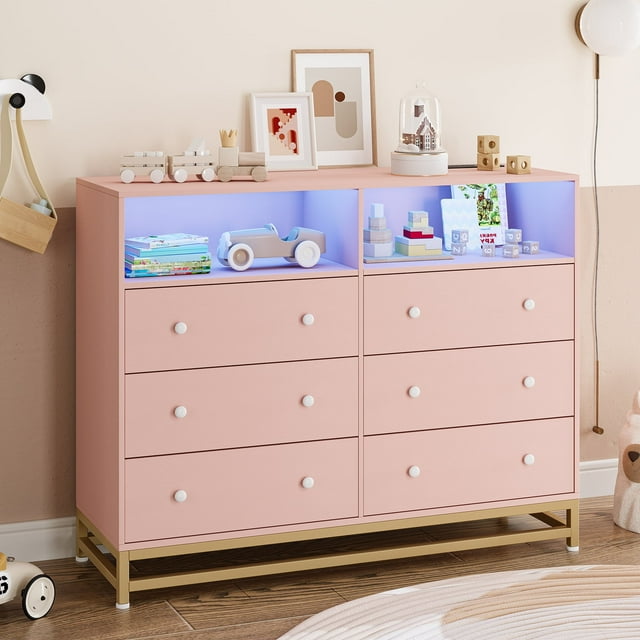 Commode avec Lumière DEL et Station de Recharge pour Chambre, Commode à 6 Tiroirs avec Rangement Ouvert, Commodes et Chiffonniers Meuble Télé pour Garde-Robe Moderne