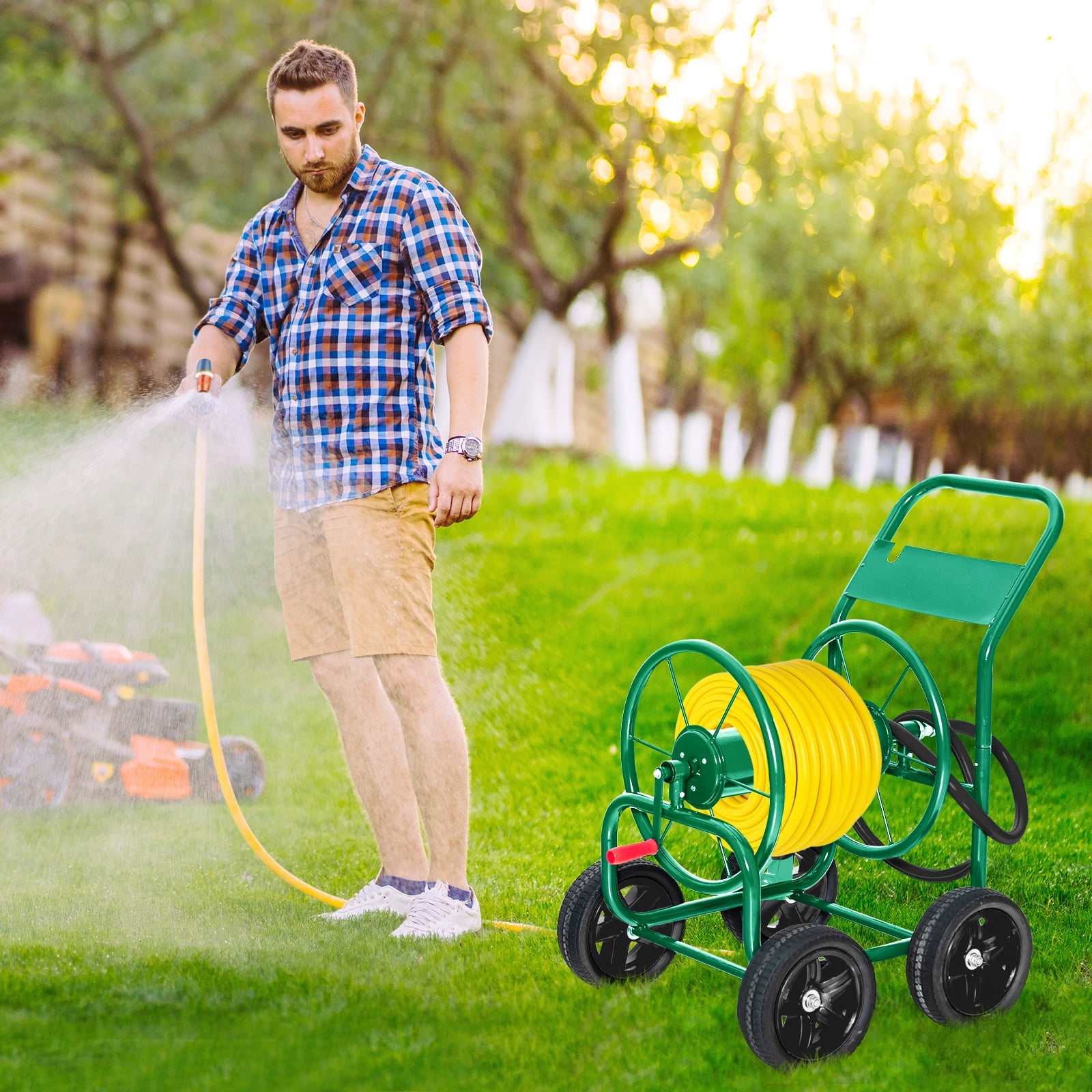 Patiojoy 4-Wheel Garden Water Hose Reel Cart Heavy Duty Wheel Water Planting Cart with Non-slip Crank Handle, Outdoor Slide Hose Guide System Green