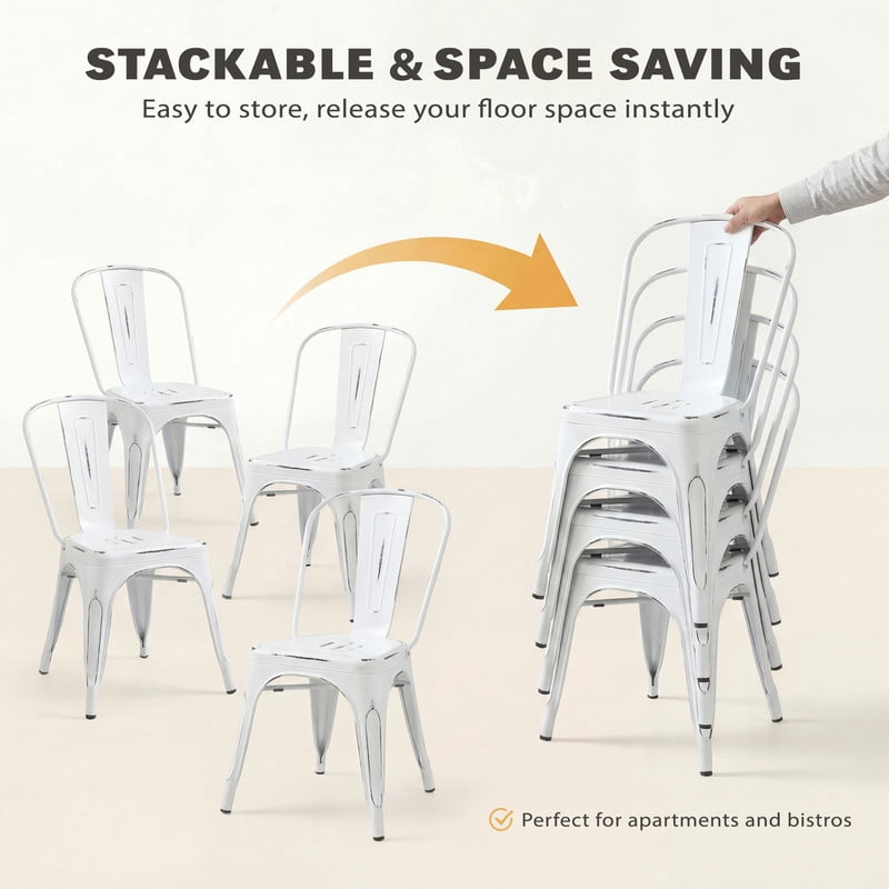 VINEEGO Metal Dining Chair Indoor-Outdoor Use Stackable Classic Trattoria Chair Fashion Dining Metal Side Chairs for Bistro Cafe Restaurant Set of 4 (DIstressed White)