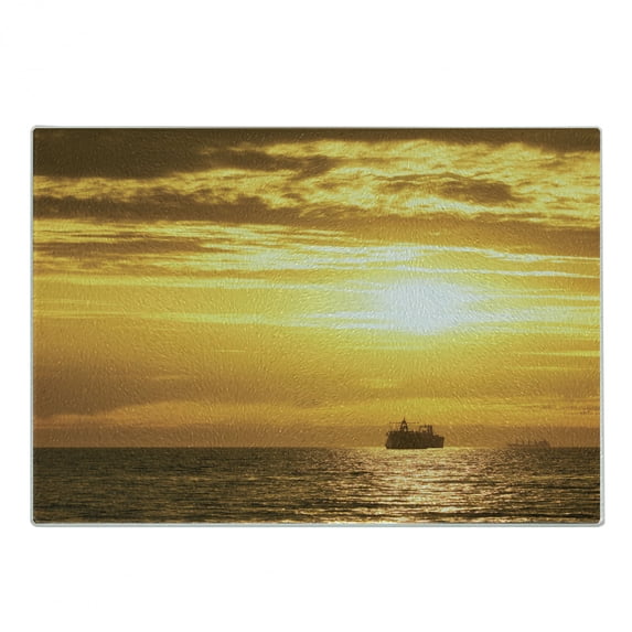 Nautical Cutting Board, Cargo Ship Sailing Away When Sun Goes down Disappears with Rays Art Photo, Decorative Tempered Glass Cutting and Serving Board, Small Size, Yellow, by Ambesonne