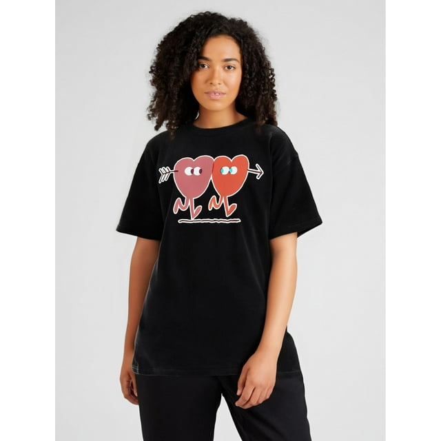 Camiseta con estampado de corazones para San Valentín, informal, de cuello redondo y manga corta, de punto, ideal como regalo para parejas, para mujer.