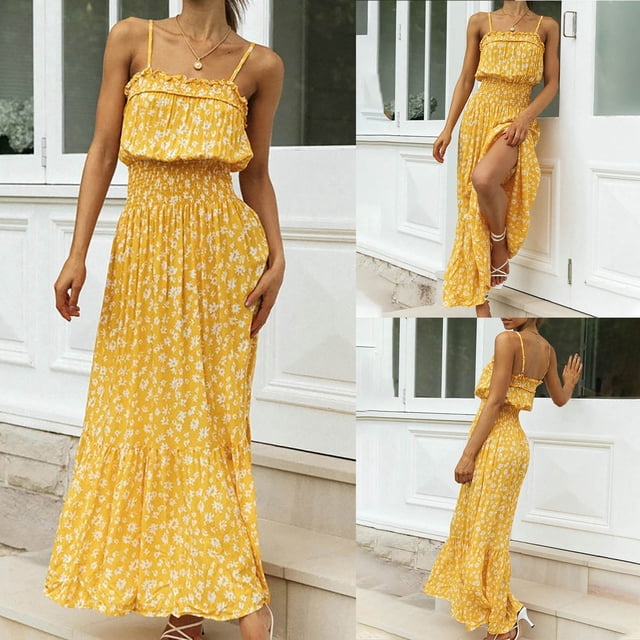 Lenago Robe d'Été Grande Taille pour Femmes Mode Femmes Chiffon Épaules Dénudées Sans Manches Imprimée Décontractée Robe Trapèze Fête Plage Robes en Liquidation