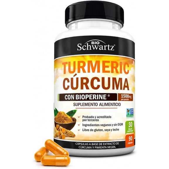Cúrcuma BioSchwartz con Extracto de Pimienta Negra, Turmeric 1500 mg,  Cápsulas de Curcumina de Alta Absorción, 90 Cápsulas